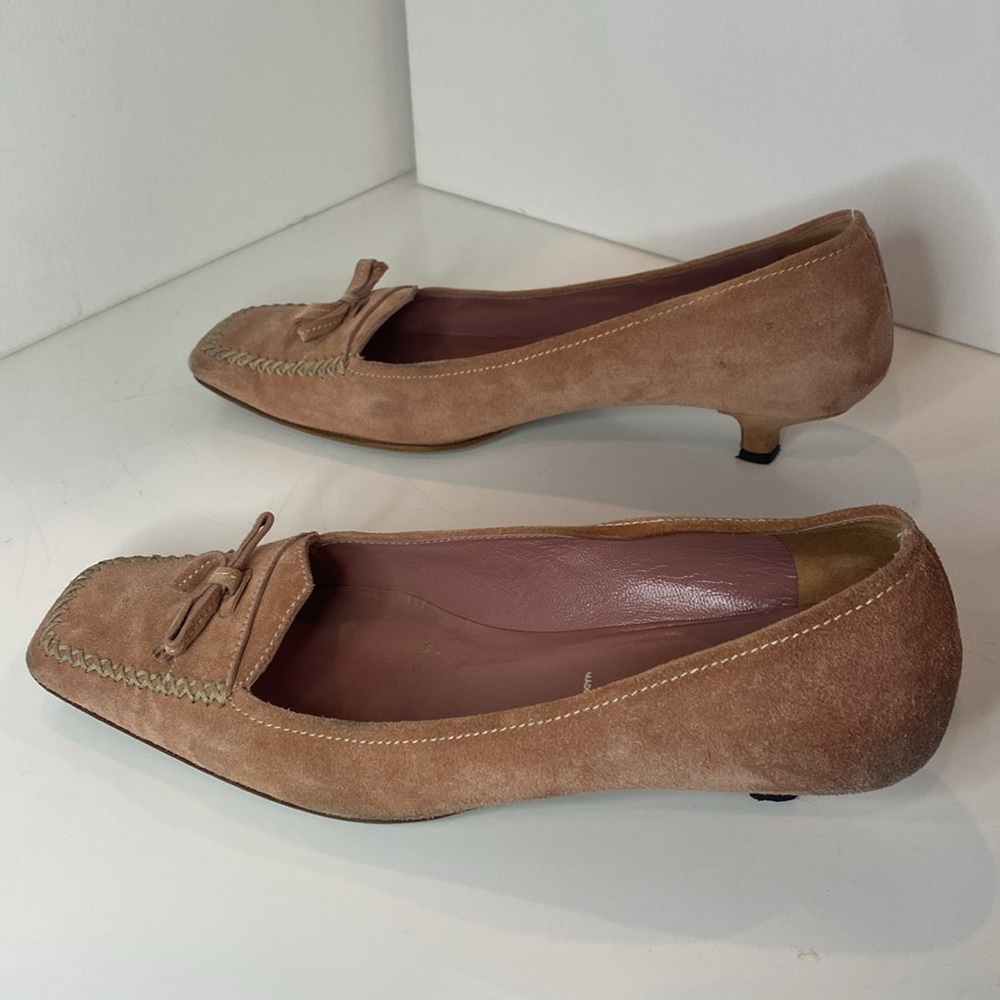 PRADA pale rose SUEDE kitten heel loafers squared toe W bow, 1.5” pumps 37 VGUC - Picture 12 of 16